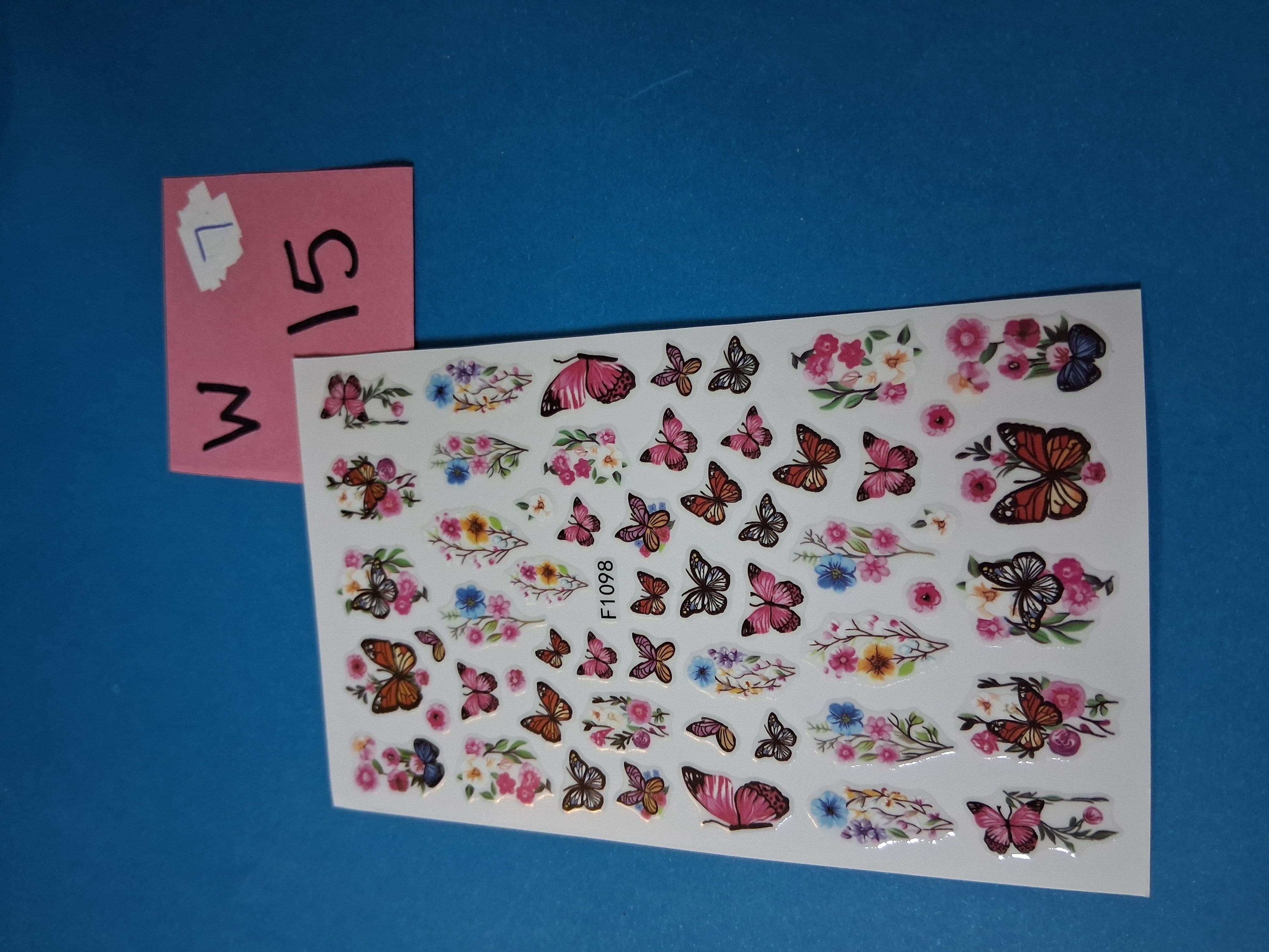 Nail Art Stickers — INV 15W-7 Pink & Orange Butterflies with Flowers (F1098, 1 sheet)